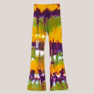 Bohemian Summer Tie Dye Yoga Pants | Yellow Green Purple Wide Foldover Waistband